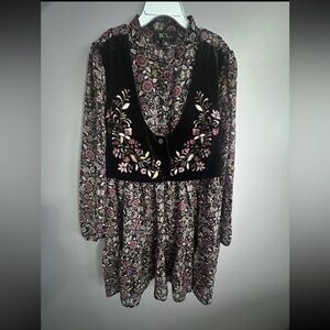 Floral Embroidered Black and Pink Dress